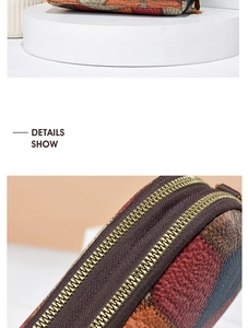 Detail view of colorful patchwork leather texture and golden metal double zipper pullers