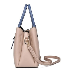 Elegant beige and blue faux leather handbag for women with gold-tone hardware detail