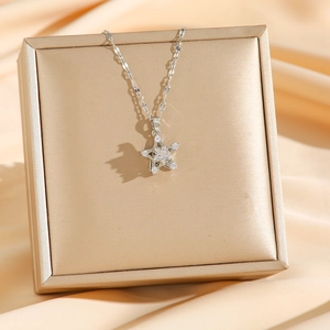 Elegant rotating star pendant titanium steel necklace with sparkling cubic zirconia stones