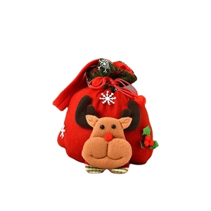 Red Christmas drawstring gift bag with 3D reindeer plush doll and embroidered snowflakes