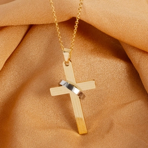 Polished gold and silver cross pendant necklace with scripture engraving on silk