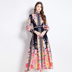 Navy floral maxi dress with stand collar and long sleeves for a vintage bohemian look