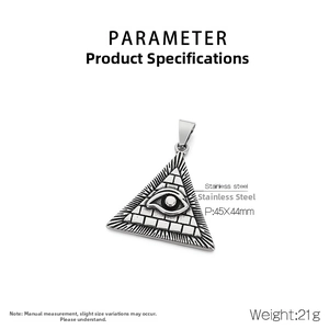 Macro detail of Eye of Providence pyramid pendant with 45x44mm size and 21g weight
