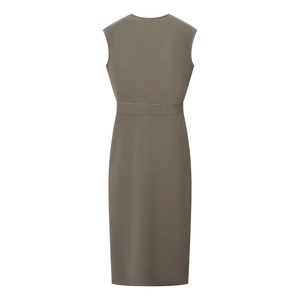Detail view of the sleek grey sleeveless midi dress with a back zipper and cinched waist