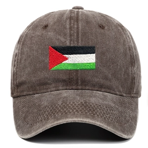 Close-up of Palestine flag embroidery on washed cotton vintage baseball cap texture