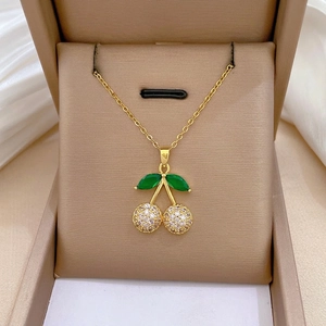 Titanium steel cherry pendant necklace set with green gems and white zircons
