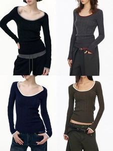 Women's Lyocell Wool Blend Cable Knit Sweater Contrast Trim Wide Round Neck Slim Fit Long Sleeve Top