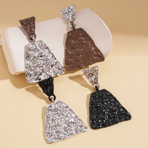 Asymmetric geometric hammered triangle drop earrings in silver, brown and black finish