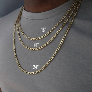 Gold plated 18k stainless steel Figaro chain necklace for men in 18, 20 and 24 inch lengths