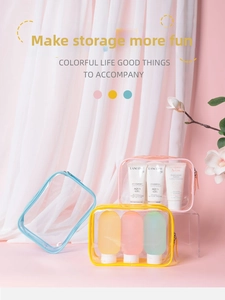 Close-up of waterproof PVC makeup bags in pastel colors with organized compartments