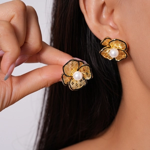 18k gold plated floral pearl stud earrings with woven texture and black enamel edges