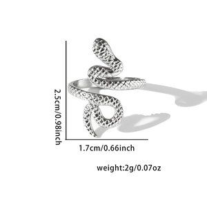 Detail of silver snake-shaped open ring featuring scale texture and size dimensions