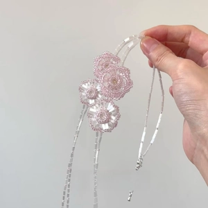 Handmade double-layered pink and white floral beaded necklace with bamboo-style beads