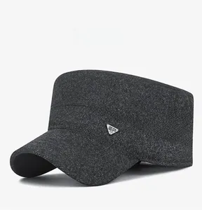Detail view of dark grey wool cadet cap with metallic triangular side decoration