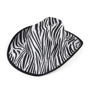 Classic zebra print cowboy hat with black piped brim and monochrome pattern in white background