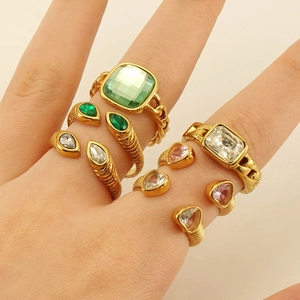Mode Verstellbarer Ring 18K Vergoldeter Edelstahl Geometrischer Zirkon Herz Quadrat Stein Schmuck Für Frauen