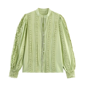 Women Lace Patchwork Blouse Long Sleeve Lantern Sleeve Artificial Pearl Button Stand Collar Solid Color Sweet Elegant Top