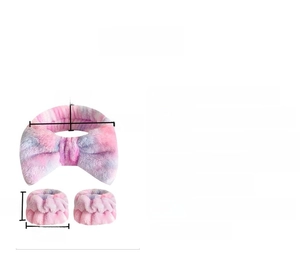 Macro view of gradient tie-dye flannel headband and wristbands with size annotations