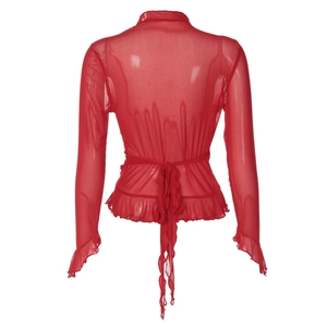 Vue arrière du haut en maille rouge avec ourlets à volants et lien à la taille
