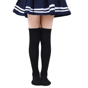 Detail view of black knit over-the-knee socks showing elastic cuff and cotton blend texture