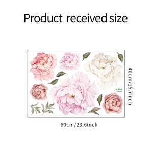 Detail of pink watercolor peony wall decals showing 60cm x 40cm dimensions and layout