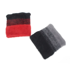 Plush faux fur knit beanie hats in red and grey gradient stripes for winter warmth