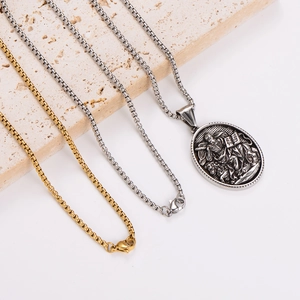 Cool trendy pink book Saint Mark embossed pendant necklace with gold and silver chains