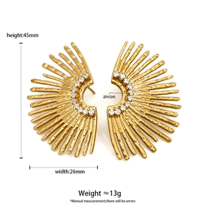Golden sunburst geometric stainless steel earrings with hammer texture and white zircons