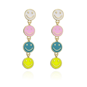 Detail of dangling earrings featuring four colorful enamel smiley face pendants in gold finish
