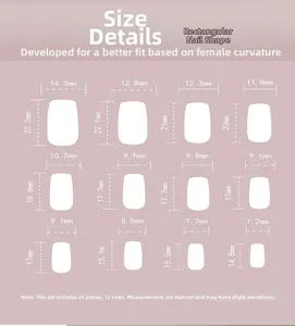 Tabella taglie dettagliata per unghie finte rettangolari con 12 diverse dimensioni