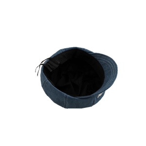 Blue denim newsboy cap for boys with silver metal letter plate and white stitching details