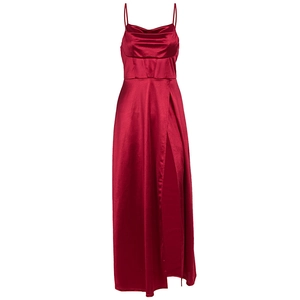 Detail of burgundy satin dress with cowl neck, corset structure, and high leg slit design