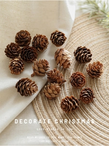 Macro shot of natural brown pine cones on beige linen fabric for Christmas decoration