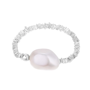 Minimalist S925 silver stretch ring with irregular metal beads and baroque natural pearl
