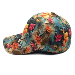 Detailed view of colorful oil painting floral print on artistic canvas baseball cap