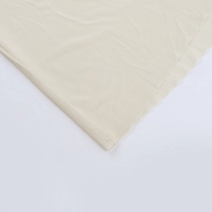 Detailed close-up of delicate light beige mesh fabric with fine microporous structure