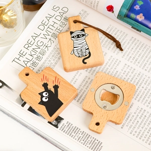 Cat-shaped wooden magnetic bottle openers with creative animal prints for home fridge decor