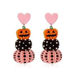 Halloween acrylic earrings with stacked pink glitter hearts and orange pumpkin charms