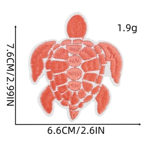Detailed embroidery patch showing dimensions of the coral orange sea turtle applique
