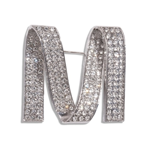 Elegant silver letter M brooch with sparkling rhinestones for suits and fashion accessories