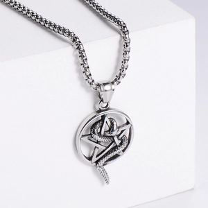Minimalist stainless steel snake coiled pentagram pendant with box chain on white steps