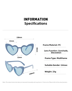 Detailed dimensions and PC frame material of light blue heart shaped sunglasses