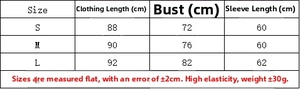 Size chart for long sleeve A-line knit dress with precise body measurements in centimeters