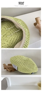 Detail view of light green straw beret showing breathable hollow knit and adjustable cord