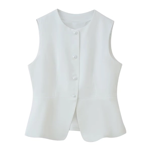 Women's white sleeveless vest jacket with round neck, pearl buttons, and peplum hem details