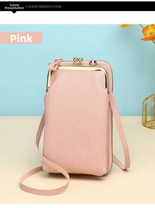 Pink crossbody phone bag featuring chevron stitching and secure metal clasp closure