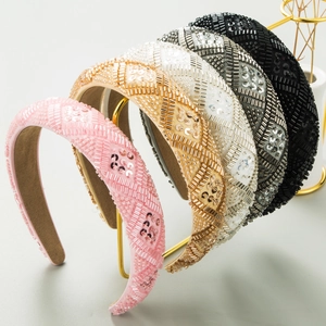 Handmade Seed Bead Padded Headband For Women Geometric Criss Cross Pattern Sequins Fashion Hair Band Party Wedding Hair Accessories