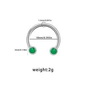 Silver horseshoe septum ring with green beads and detailed size dimensions in mm and inches