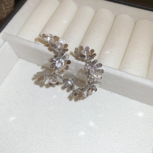 Detailed view of silver daisy cluster earrings with crystal centers in a jewelry box
