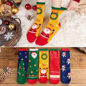 Christmas Socks For Women Combed Cotton Santa Claus Reindeer Gingerbread Holiday Theme Mid Calf Knitted Hosiery
